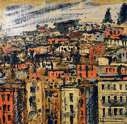 Oil painting Approximation by Serhiy Kovalev: abstract urban landscape in ochre, orange, black