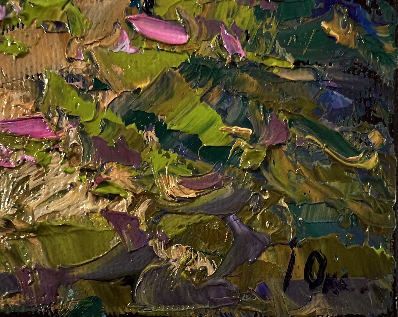 Oil painting Outside the village by Oksana Ivanyuk with textured green purple pink impasto