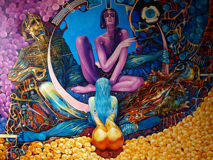Vibrant oil painting Brahmajyoti by Konsta G. Amelinn: purple meditative figure amid golden blue mechanical beings