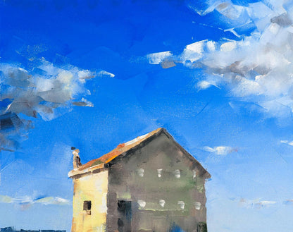 Oil painting Heavenly Mood by Volodymyr Gluhomanyuk: rustic stone house with terracotta roof under blue sky