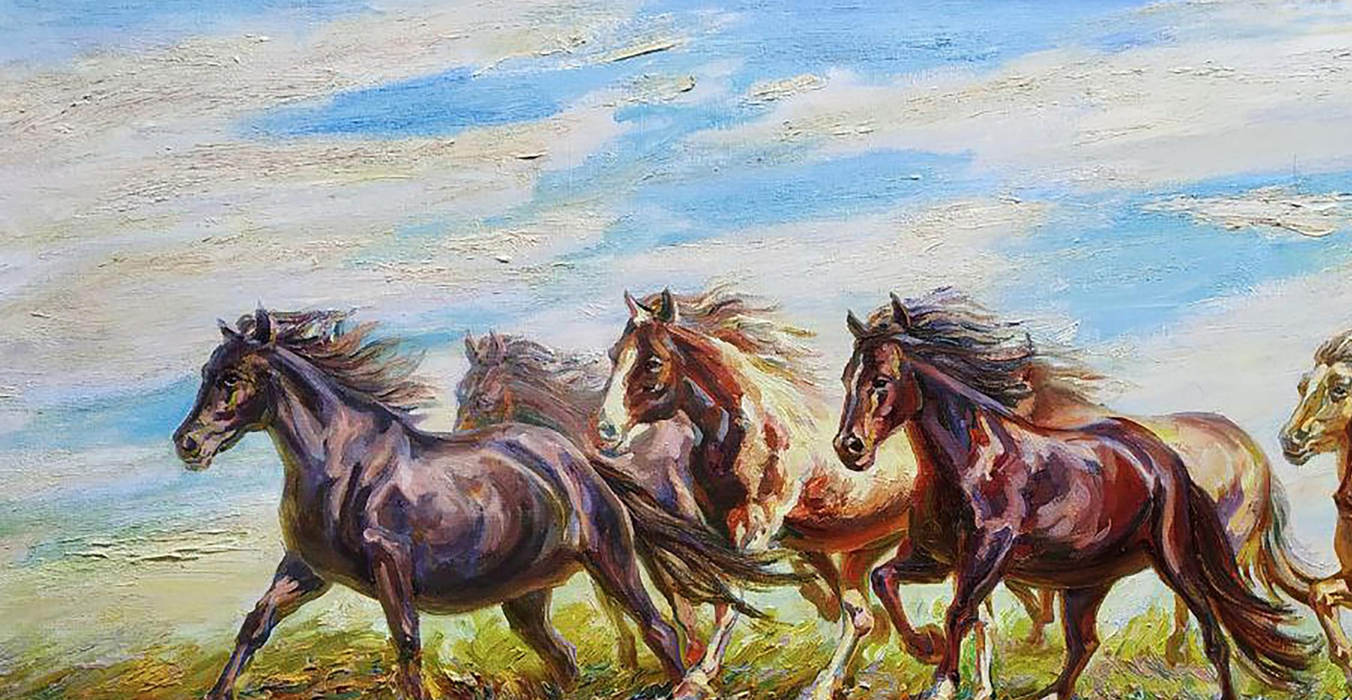 Oil painting Herd by Leonid Pavlenko: horses galloping in field