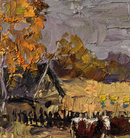 Impasto oil painting by Boris Serdyuk: village with cows, autumn trees, house