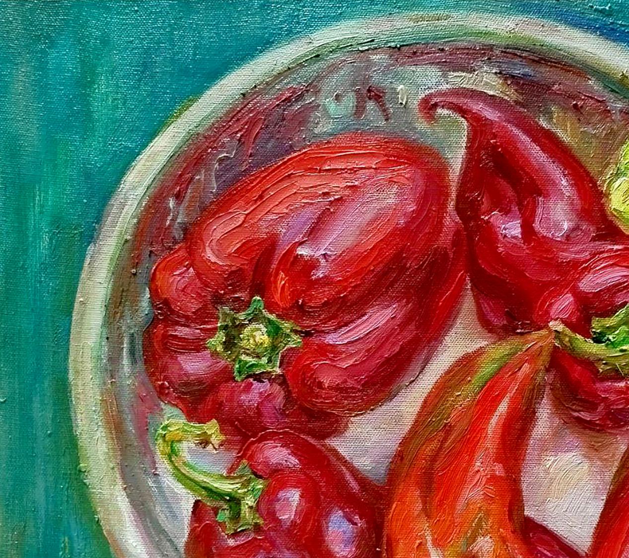 Oil painting of vibrant red bell peppers in silver bowl by Leonid Pavlenko