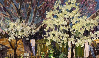 Vibrant impressionist oil painting of wild pear blossoms by Petro Kolomoytsev