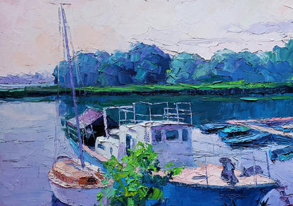 Oil painting Ferry by Boris Serdyuk: white boat in calm water with green foliage
