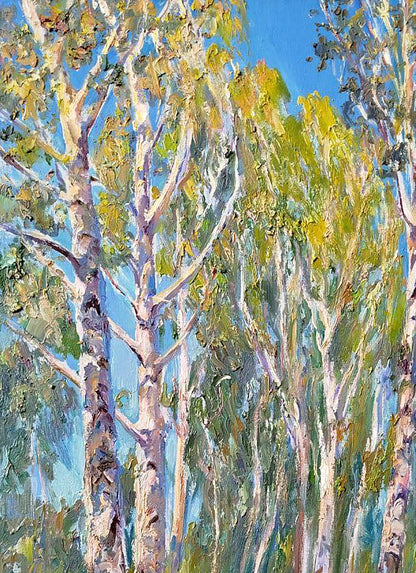 Vibrant impressionist oil painting Sunny morning by Leonid Pavlenko, birch trees
