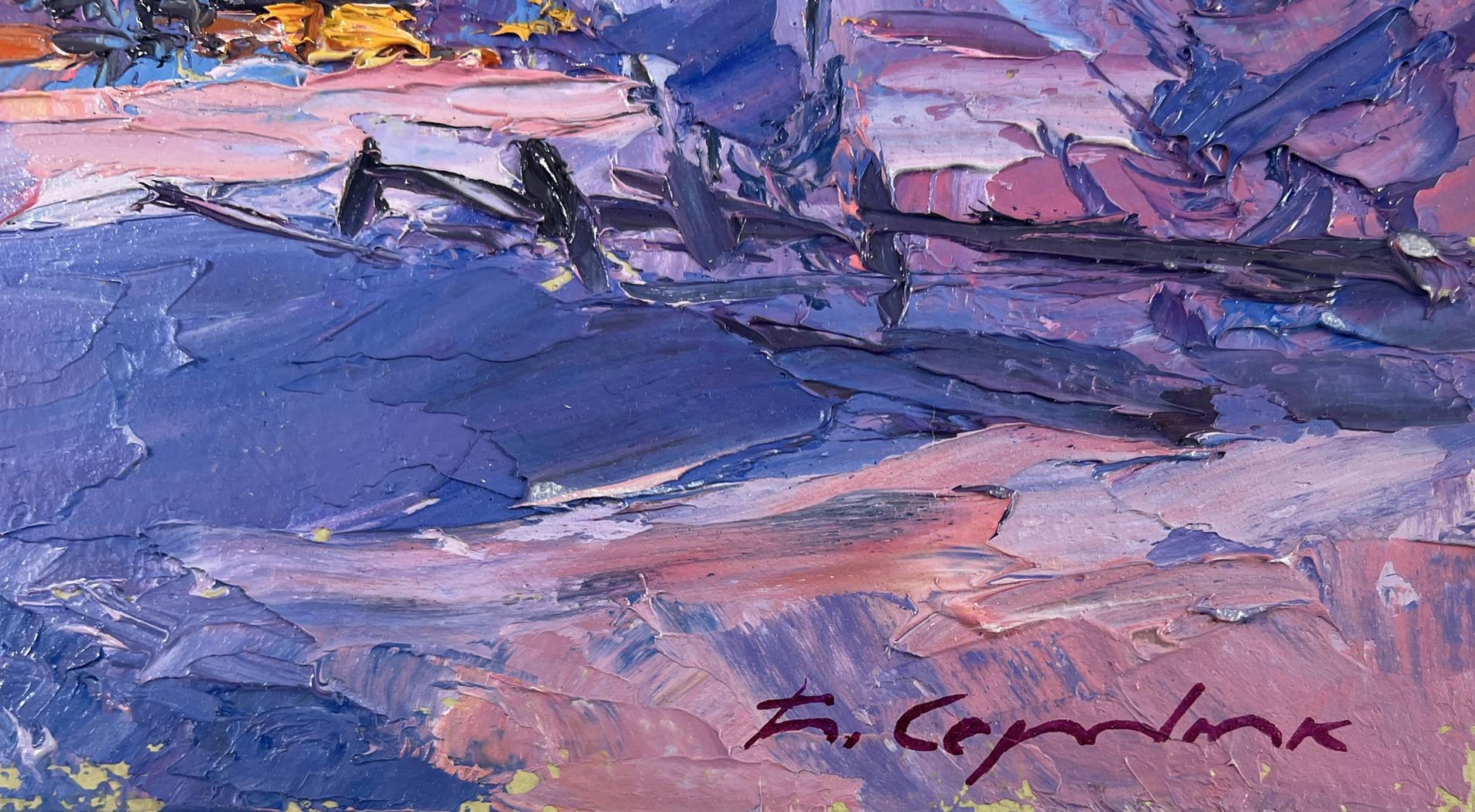 Oil painting Silence among the snow and trees by Boris Serdyuk, textured blue purple hues