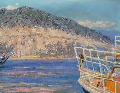 Oil painting by Leonid Pavlenko: orange and white boat docked near sunny rocky beach