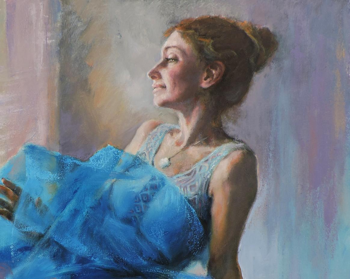 Oil painting of girl in soft flowing blue ballet dress by Oksana Osnach