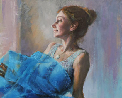 Oil painting of girl in soft flowing blue ballet dress by Oksana Osnach