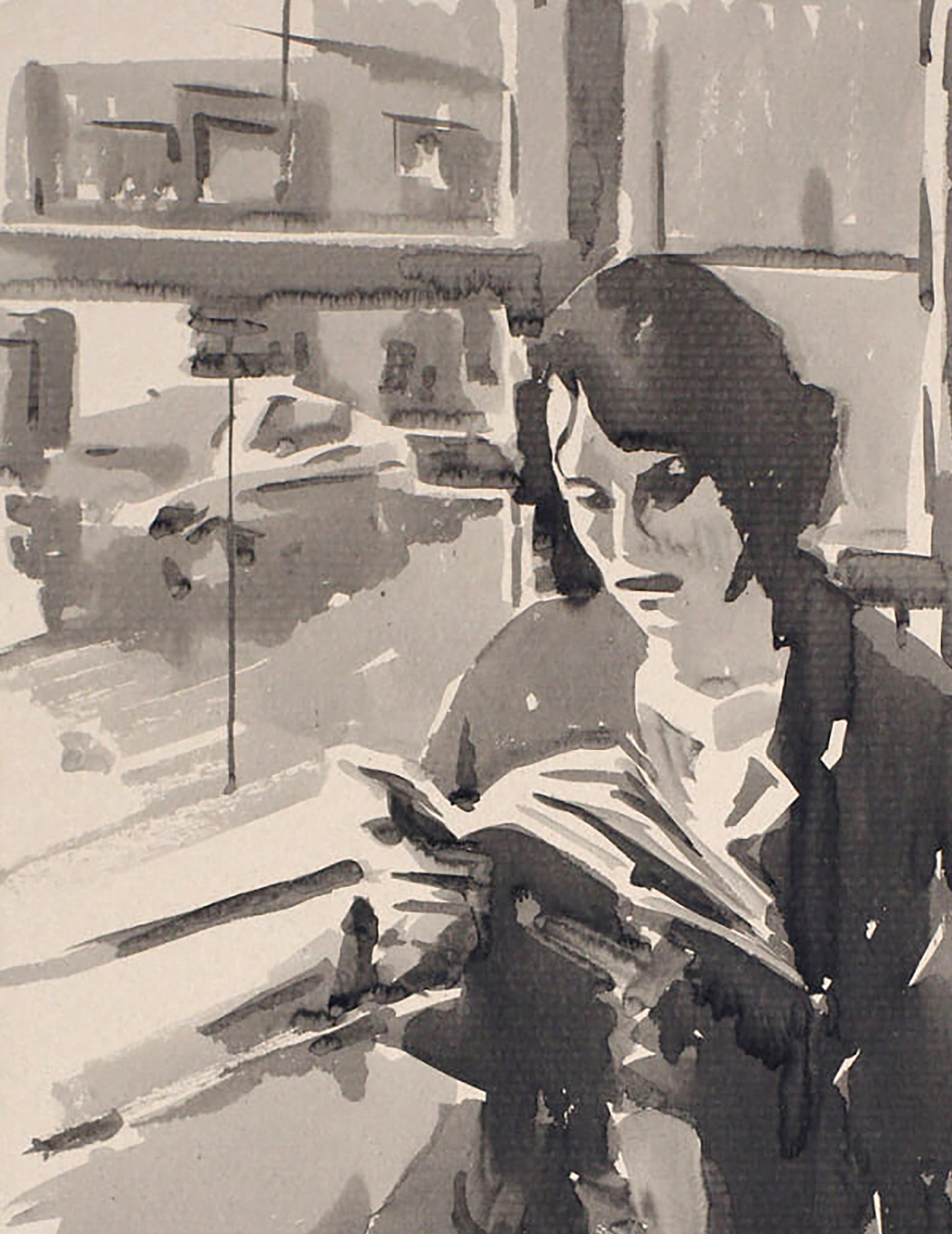 Watercolor ink painting of woman with dark hair, glasses holding book by Dima Filatov