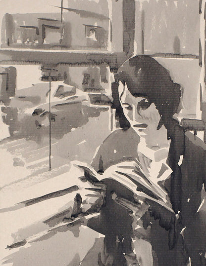 Watercolor ink painting of woman with dark hair, glasses holding book by Dima Filatov