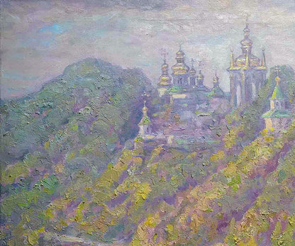 Oil painting View of the Lavra by Leonid Pavlenko, golden-domed churches on hillside