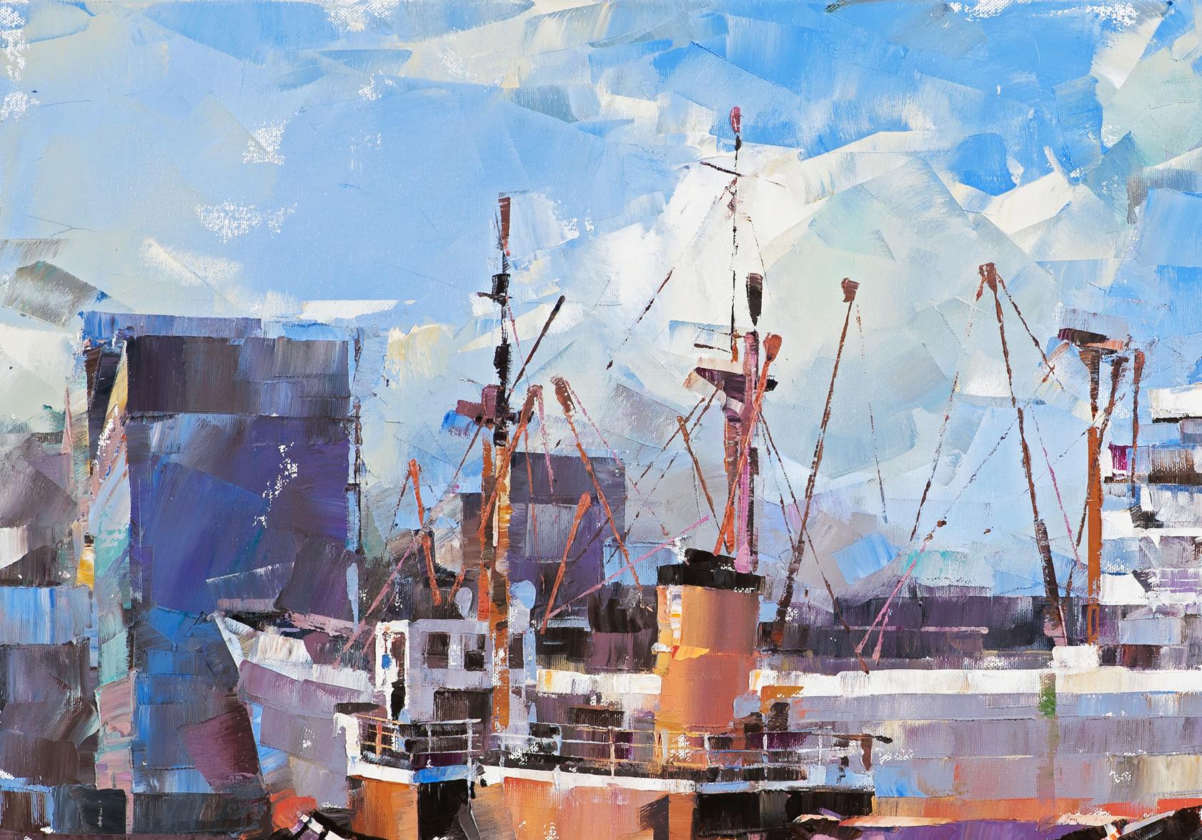 Oil painting of cargo ship and tugboat by Volodymyr Gluhomanyuk