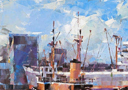 Oil painting of cargo ship and tugboat by Volodymyr Gluhomanyuk