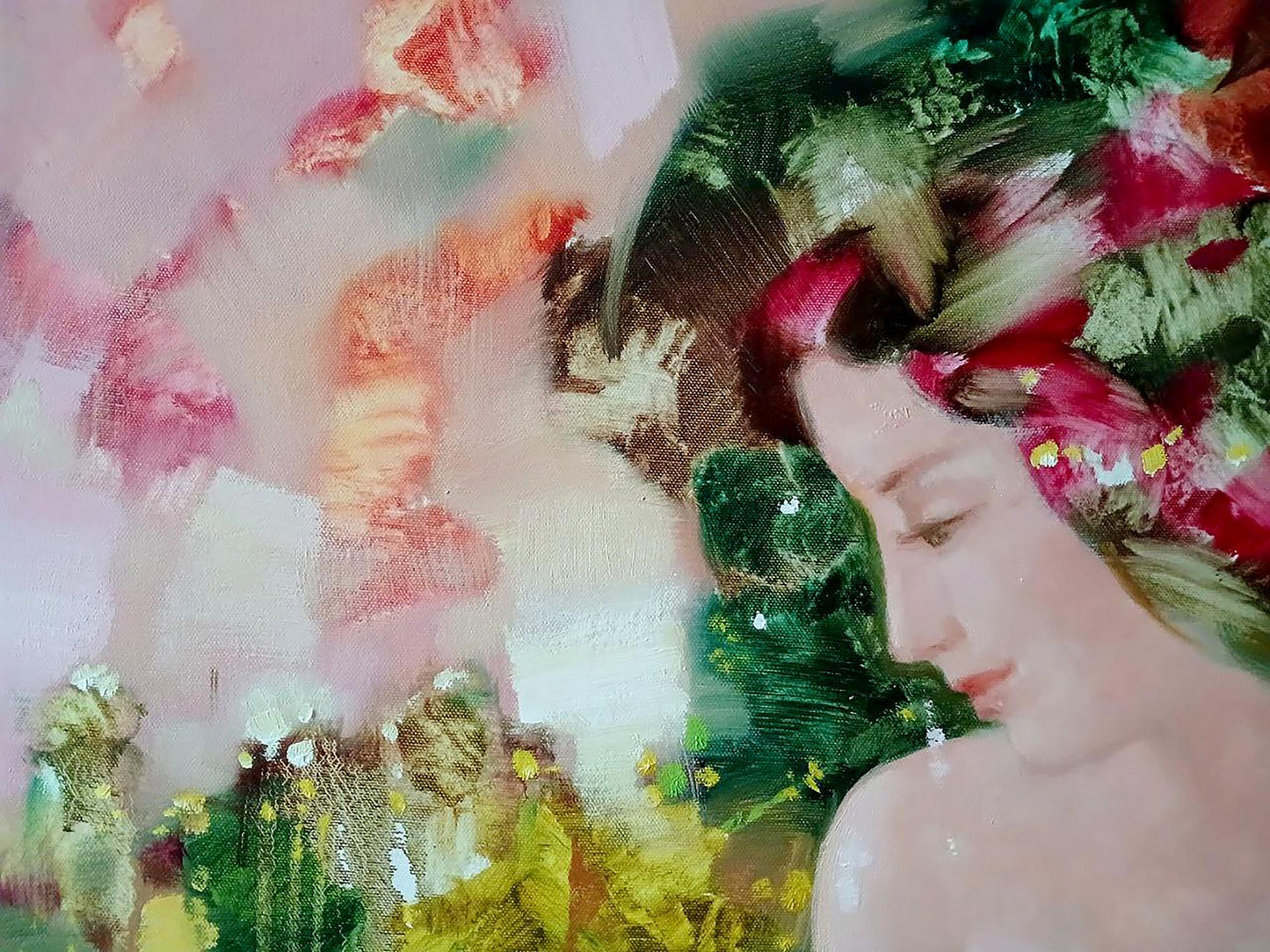 Abstract oil painting Eve by Anatoly Tarabanov with floral hair adornments