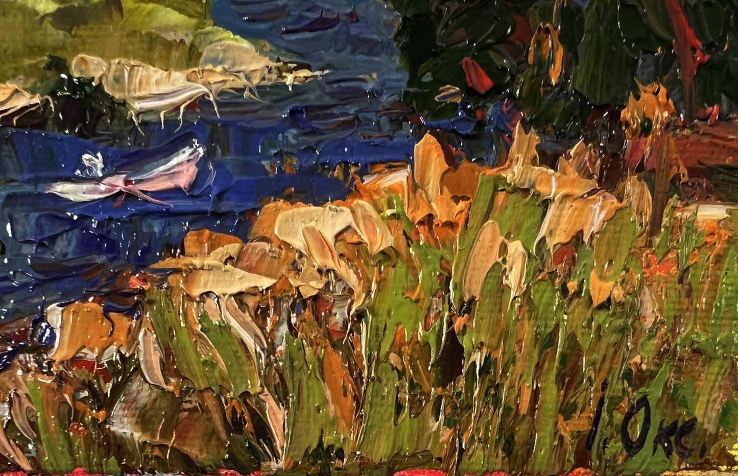 Vibrant oil painting of winding village river by Oksana Ivanyuk