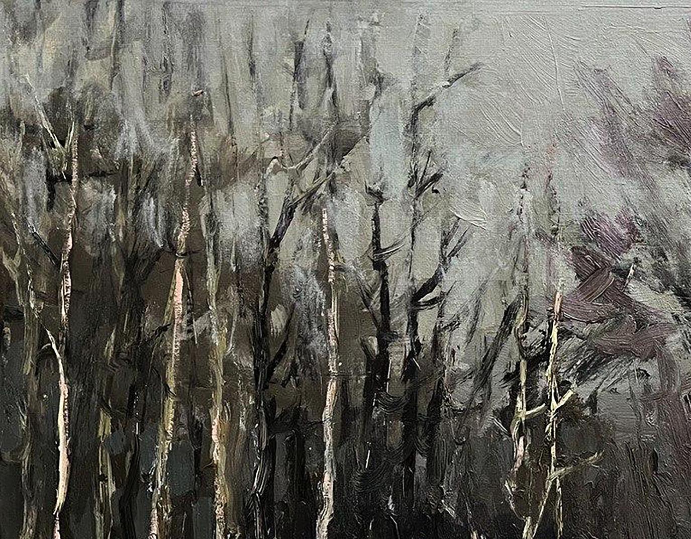 Oil painting Fallen Forest by Volodymyr Pashchenko, tall gray tree silhouettes