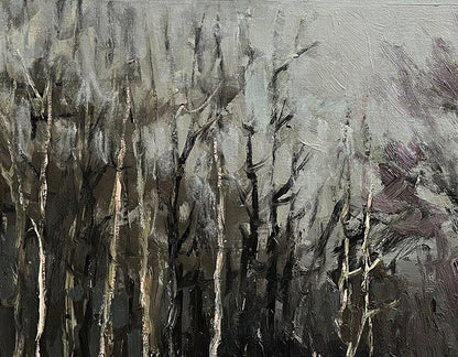 Oil painting Fallen Forest by Volodymyr Pashchenko, tall gray tree silhouettes