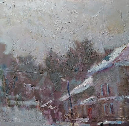 Oil painting Opishnia by Volodymyr Pashchenko: snowy village scene