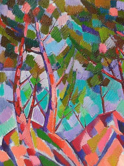 Vibrant oil painting of trees among rocks by Peter Dobrev