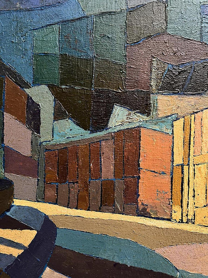 Oil painting Night city by Serhiy Kovalev with teal brown orange yellow geometric blocks