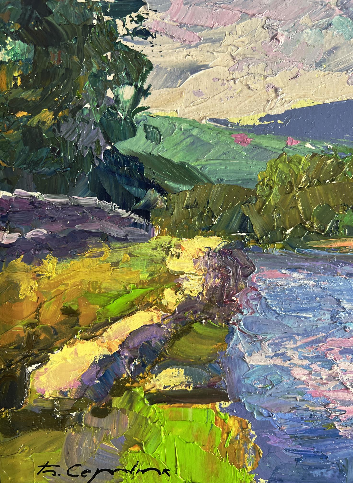 Vibrant impressionist oil painting of Boris Serdyuk mountain river with textured brushstrokes