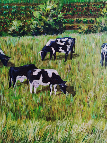Oil painting of black and white cows grazing in green field by Oksana Sklym