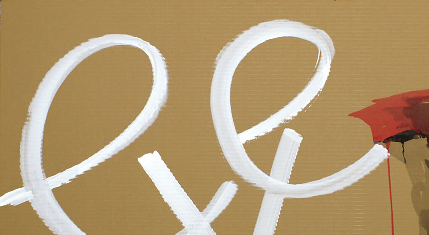White cursive lettering on tan surface with red splatter in First Apple by Dima Filatov