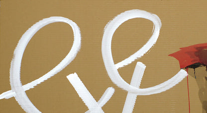 White cursive lettering on tan surface with red splatter in First Apple by Dima Filatov