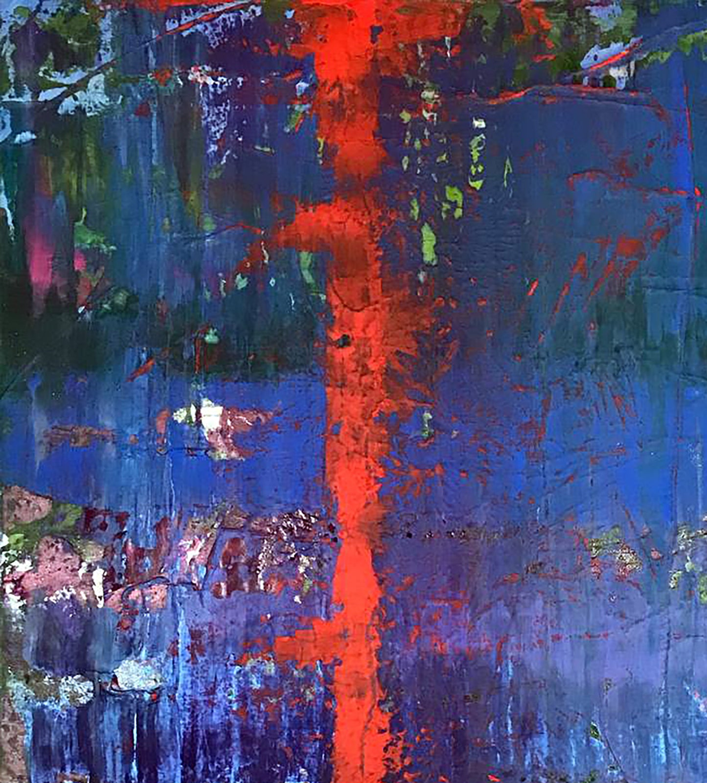 Vibrant My Red Line abstract painting with bold red streaks on blue