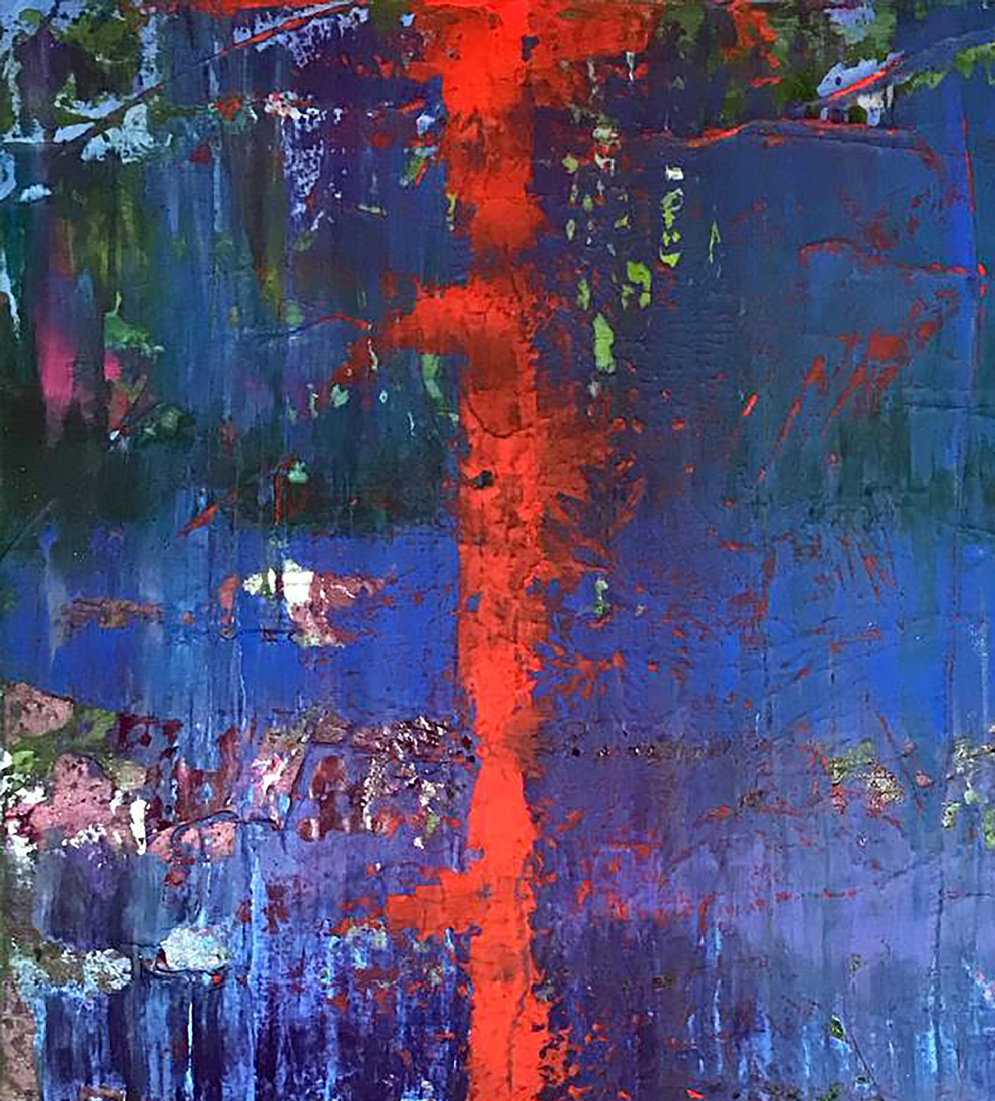 Vibrant My Red Line abstract painting with bold red streaks on blue
