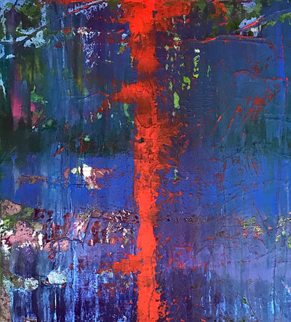 Vibrant My Red Line abstract painting with bold red streaks on blue