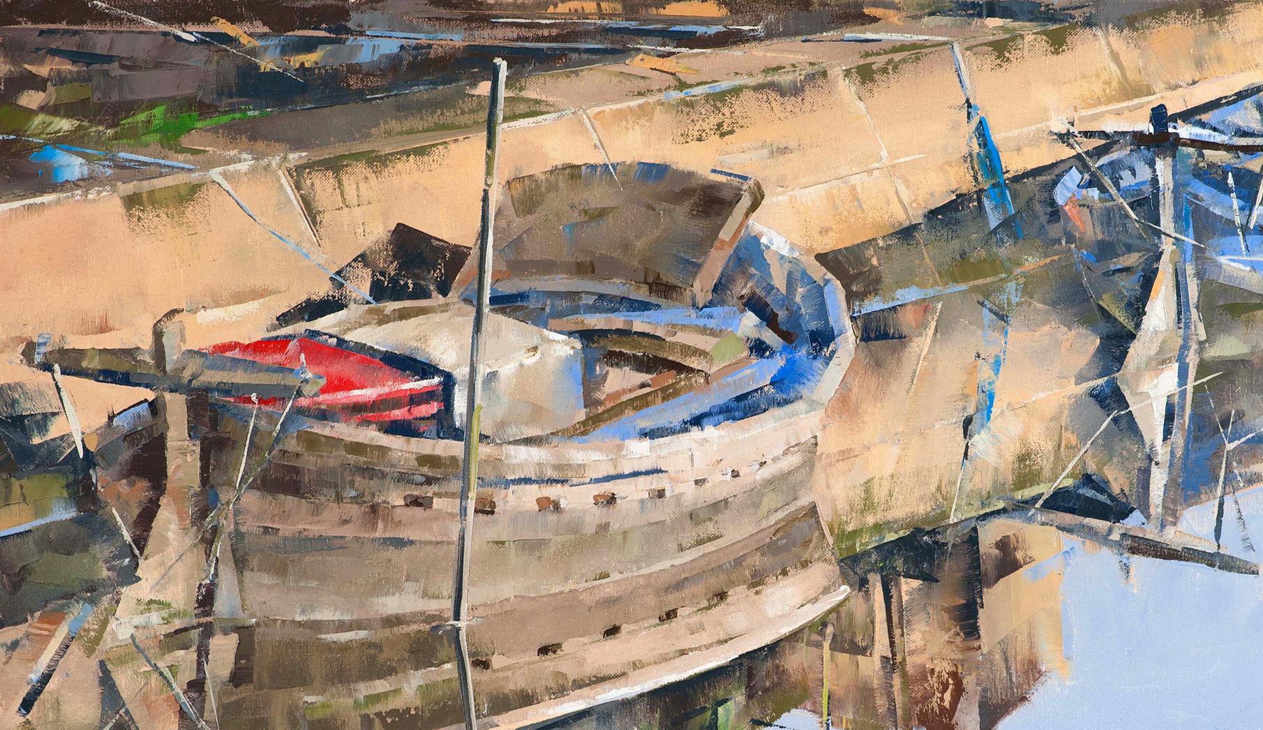 Oil painting Pier by Volodymyr Gluhomanyuk, weathered boat with red interior, blue accents