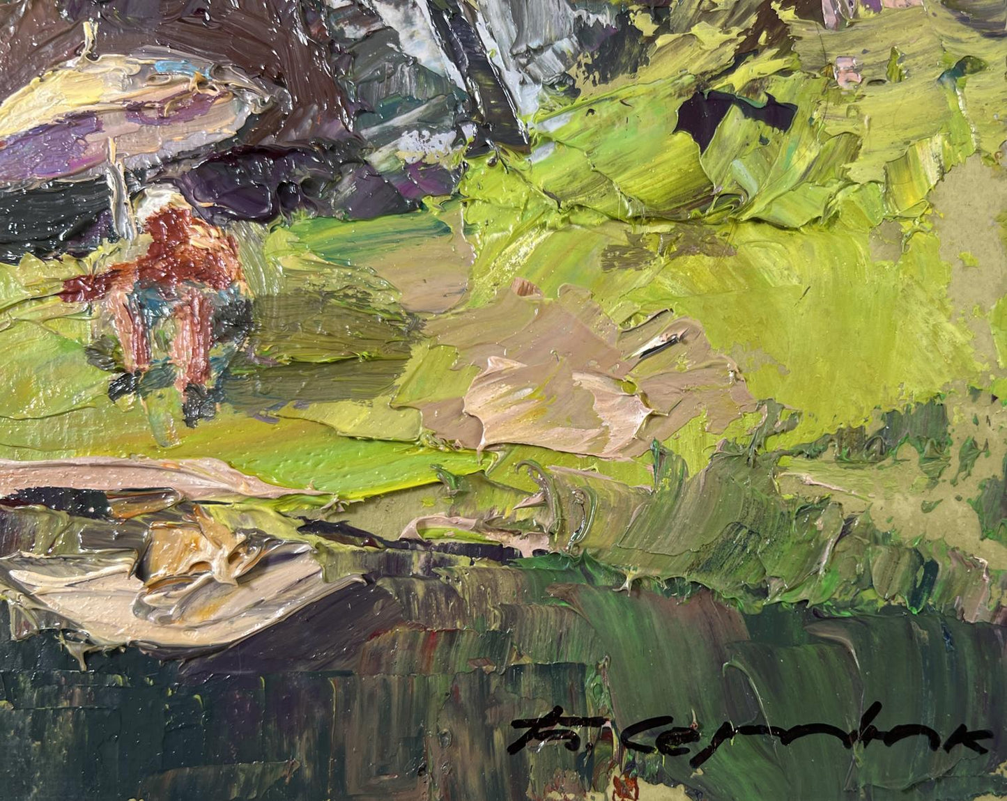 Impasto oil painting by Boris Serdyuk: reddish-brown figure on vibrant green terrain
