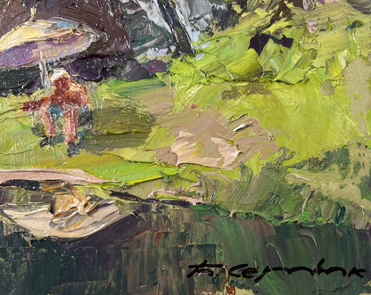Impasto oil painting by Boris Serdyuk: reddish-brown figure on vibrant green terrain