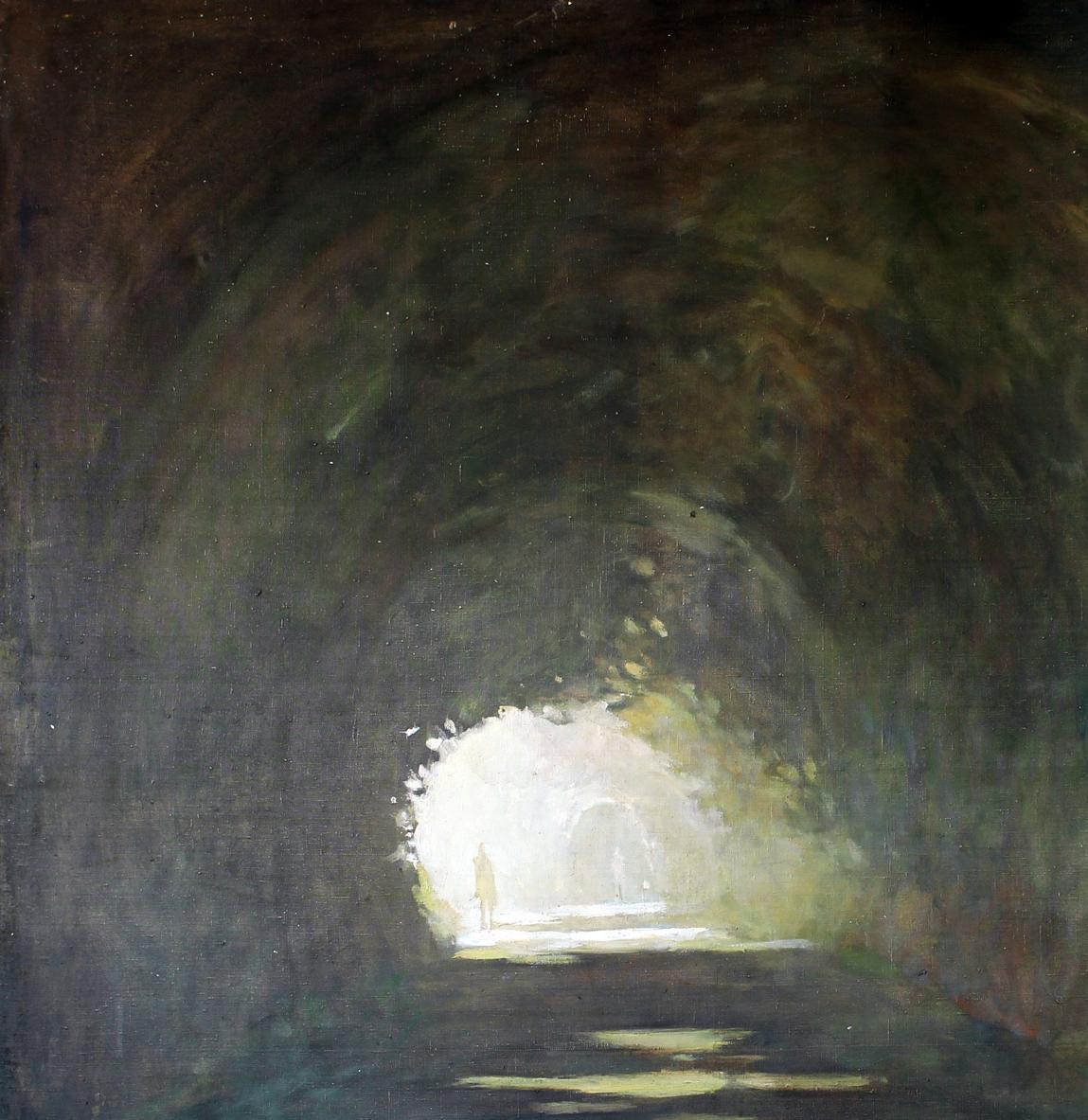 Oil painting Passage by Ed Potapenkov: figure in dimly lit tunnel at bright exit