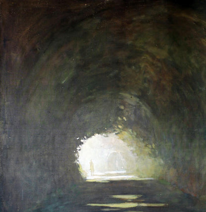 Oil painting Passage by Ed Potapenkov: figure in dimly lit tunnel at bright exit