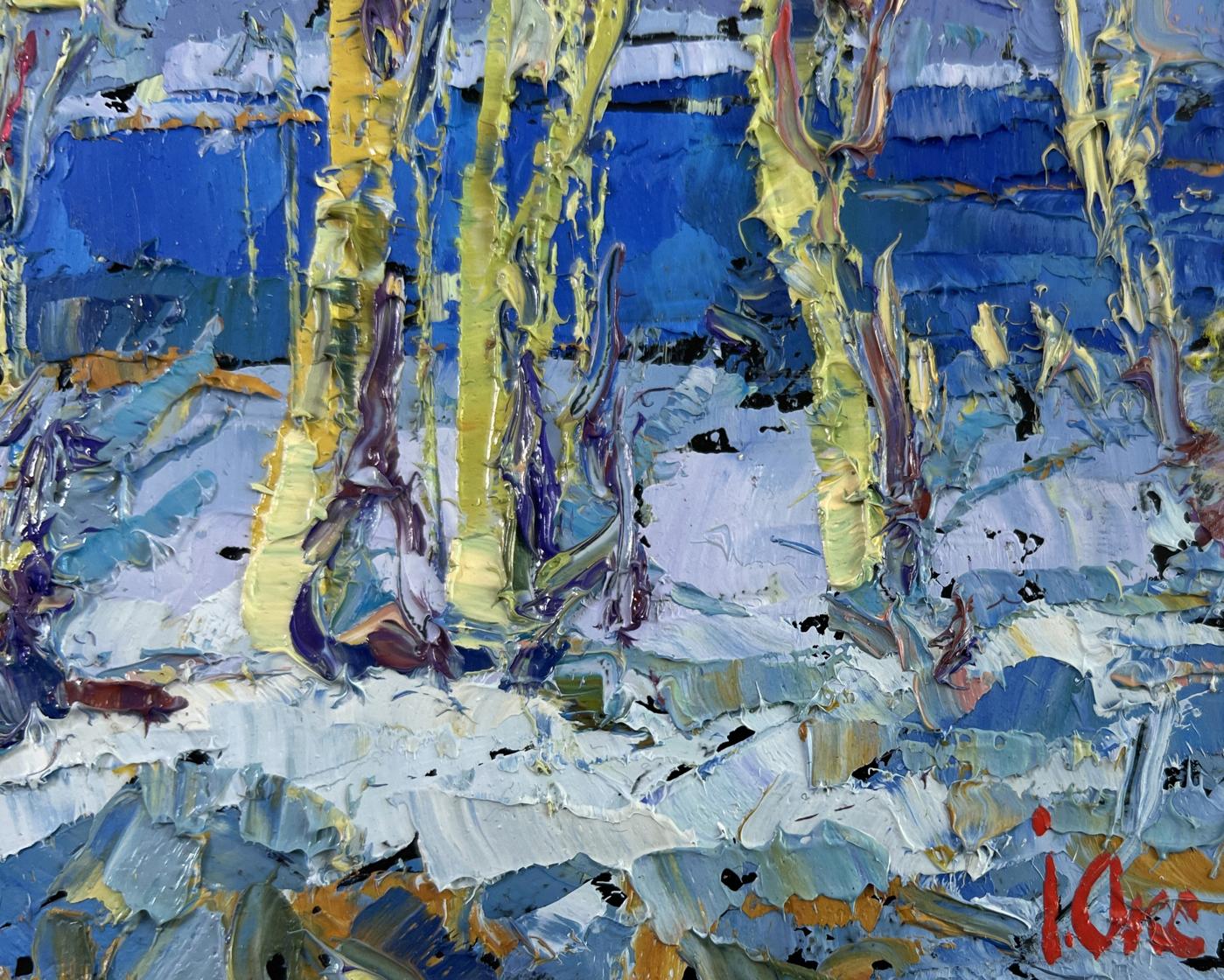 Vibrant impressionist oil painting The first breath of spring by Oksana Ivanyuk snowy forest scene