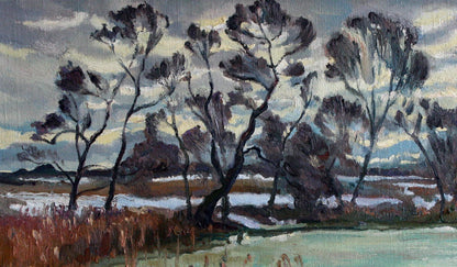 Oil painting Thaw by Leonid Pavlenko: bare bronze trees, snowy muted sky