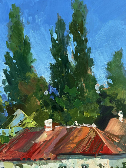 Oil painting of village courtyard with red corrugated roof by Yuriy Suprunchuk
