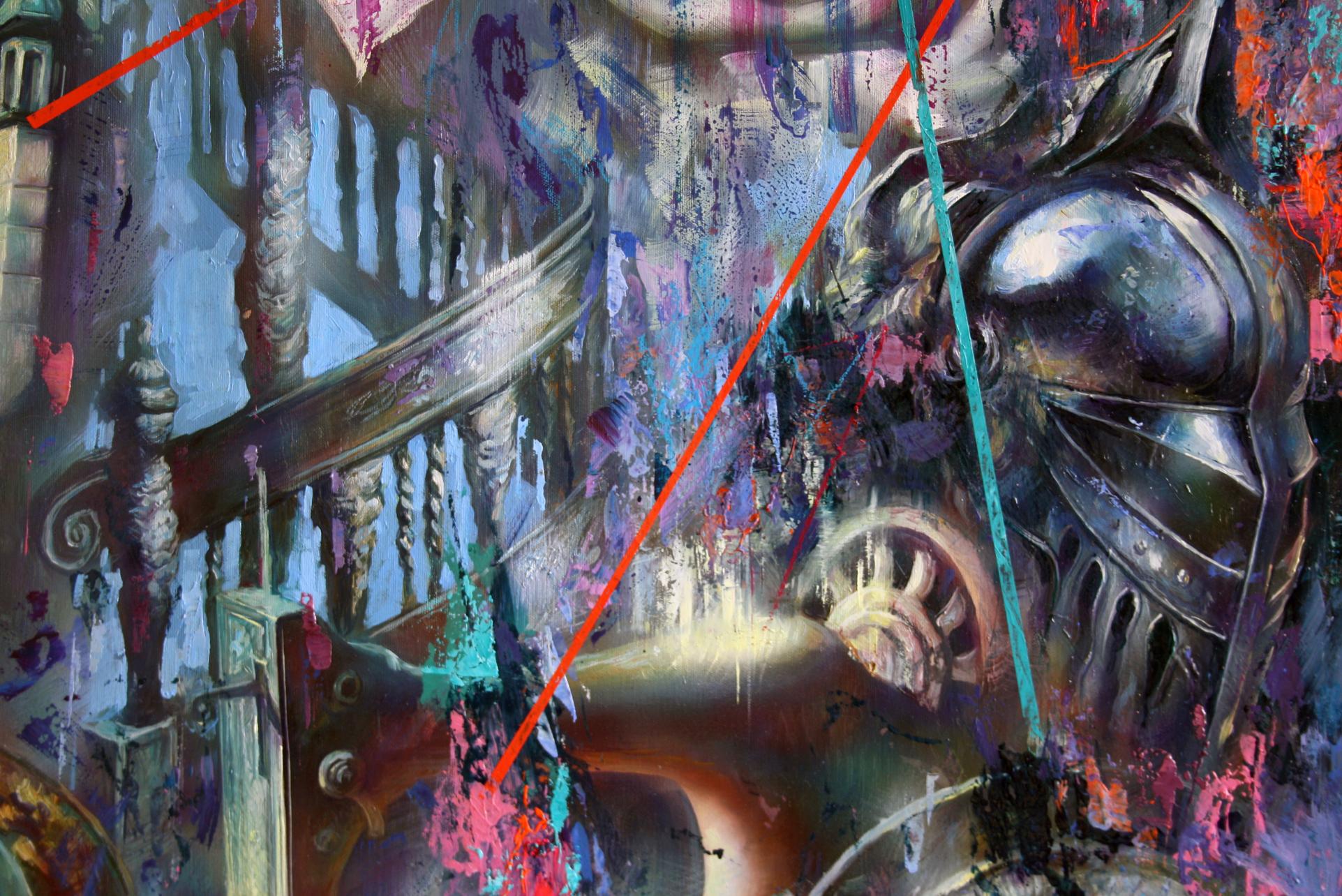 Oil painting Myths of the city by Alexander Dobrodiy: metallic knights helmet