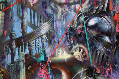 Oil painting Myths of the city by Alexander Dobrodiy: metallic knights helmet