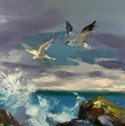 Oil painting of seagulls soaring over endless sea by Yuriy Suprunchuk