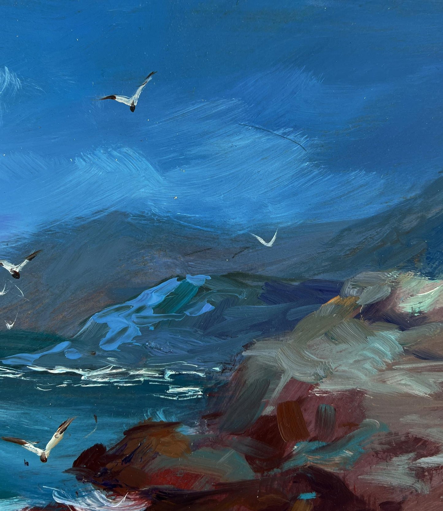 Oil painting of boat on rocky seashore by Yuriy Suprunchuk with seagulls
