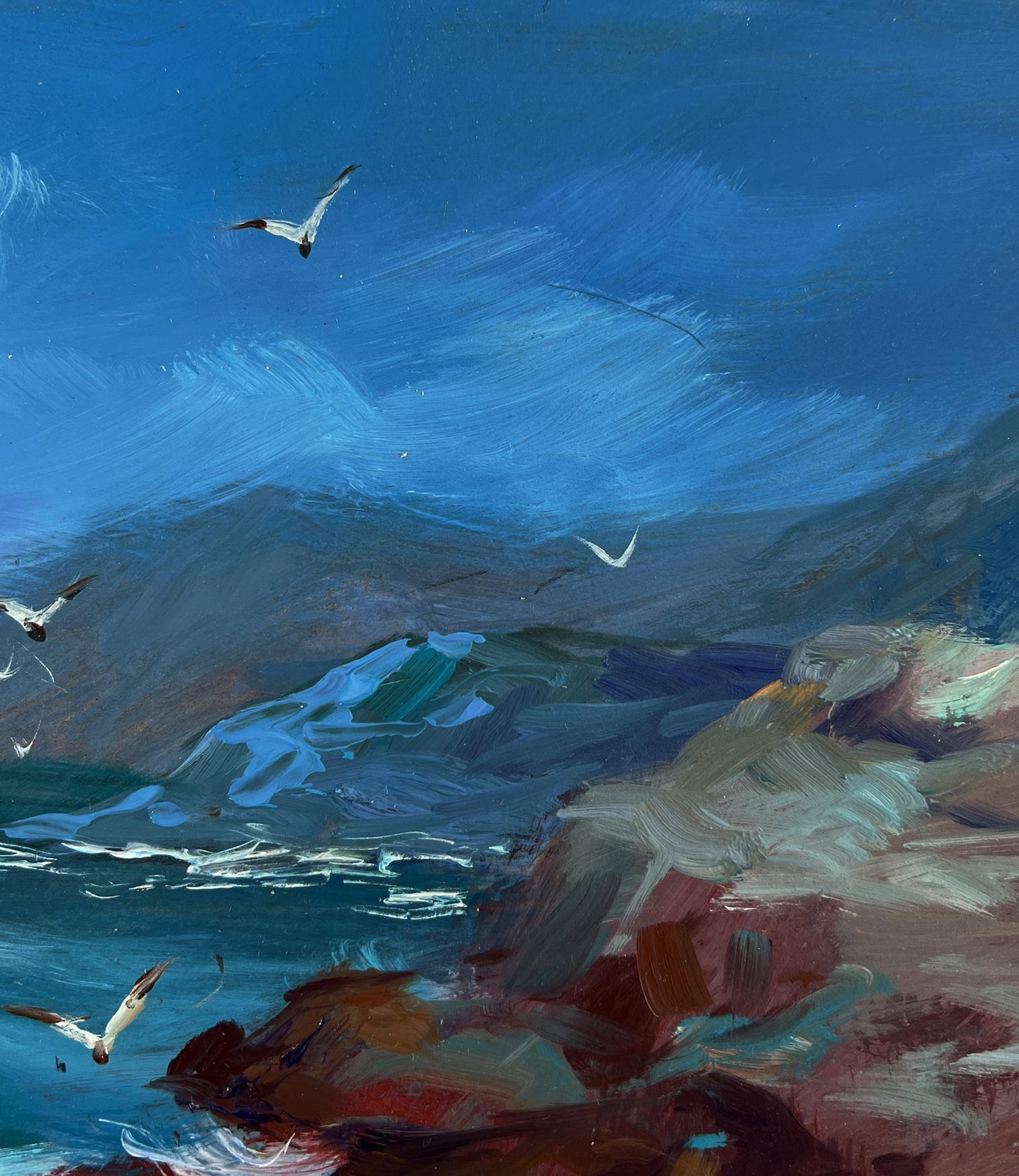 Oil painting of boat on rocky seashore by Yuriy Suprunchuk with seagulls