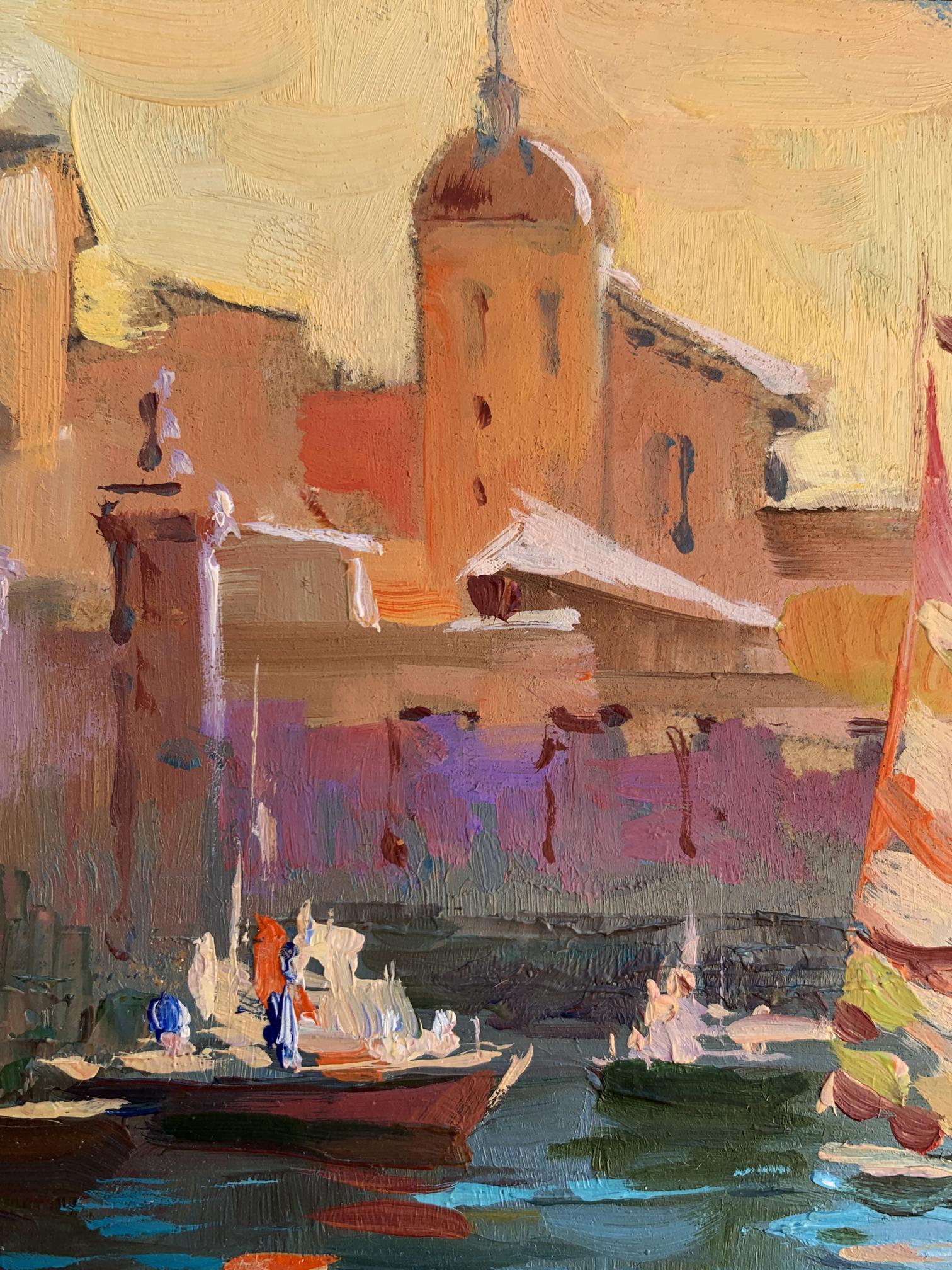 Oil painting Evening at the Yacht Club by Yuriy Suprunchuk canal scene