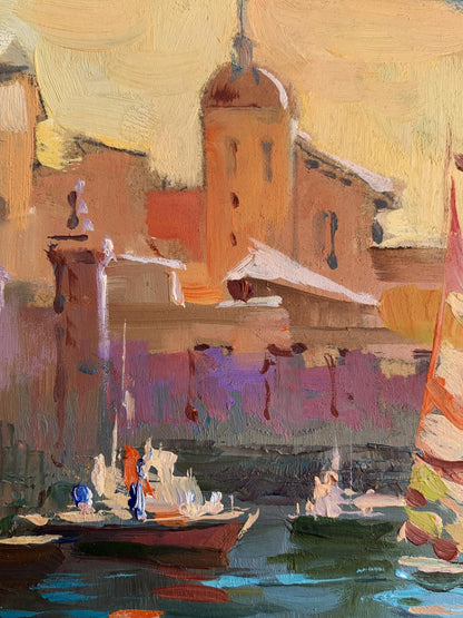 Oil painting Evening at the Yacht Club by Yuriy Suprunchuk canal scene