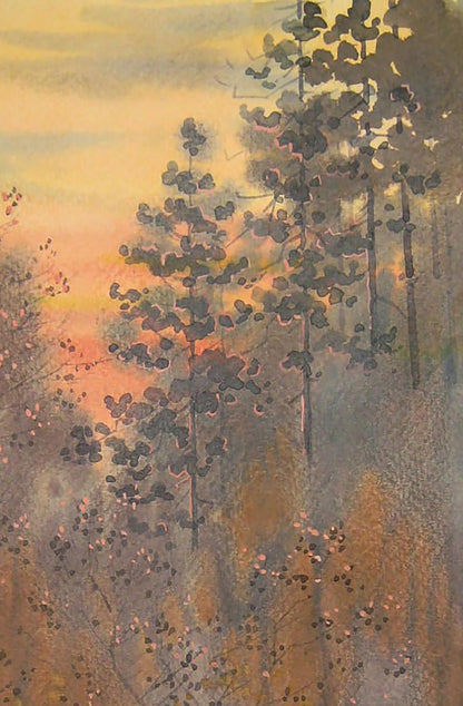 Watercolor painting of Autumn twilight in forest by Valery Savenets
