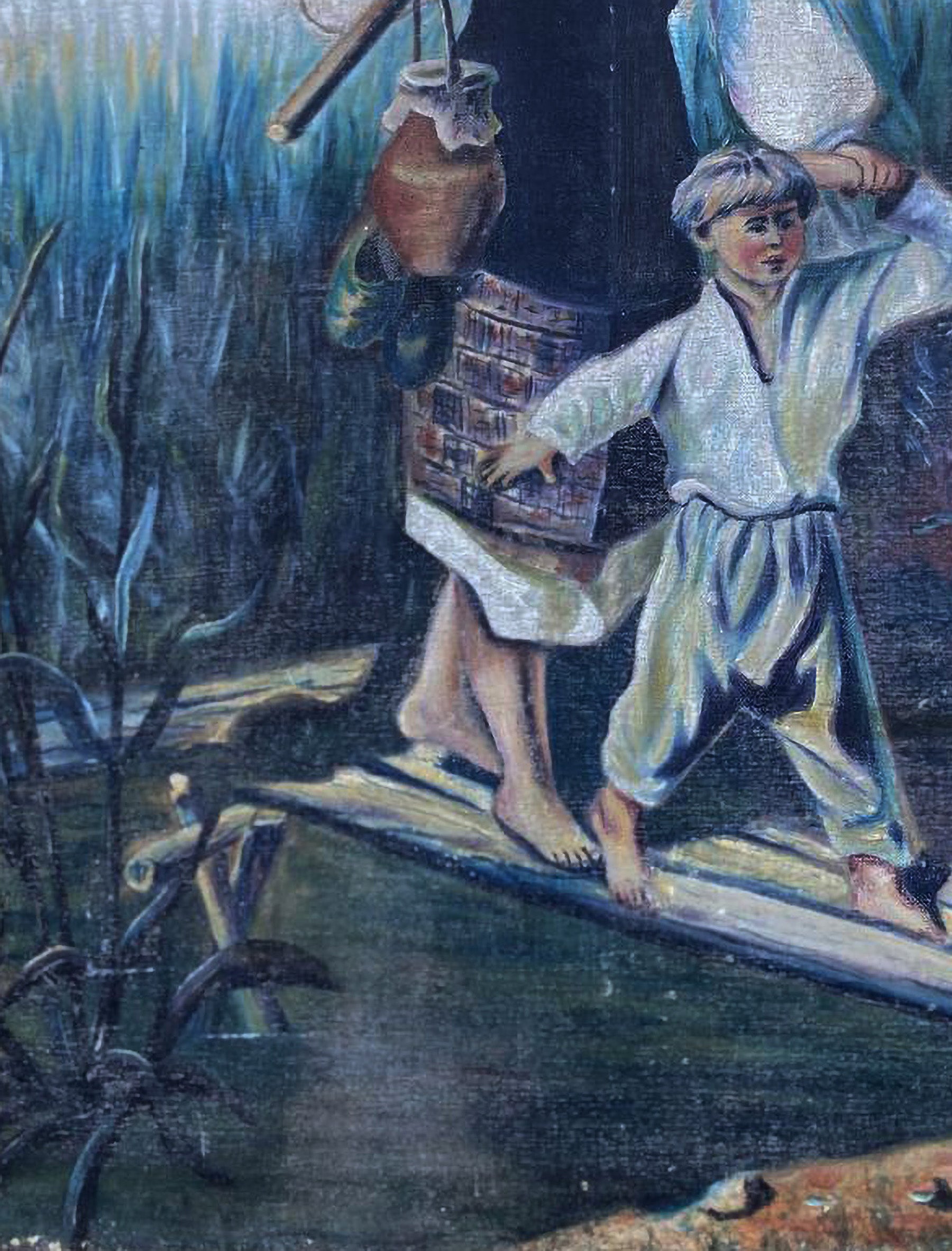 Oil painting of barefoot boy on wooden plank bridge, unknown artist